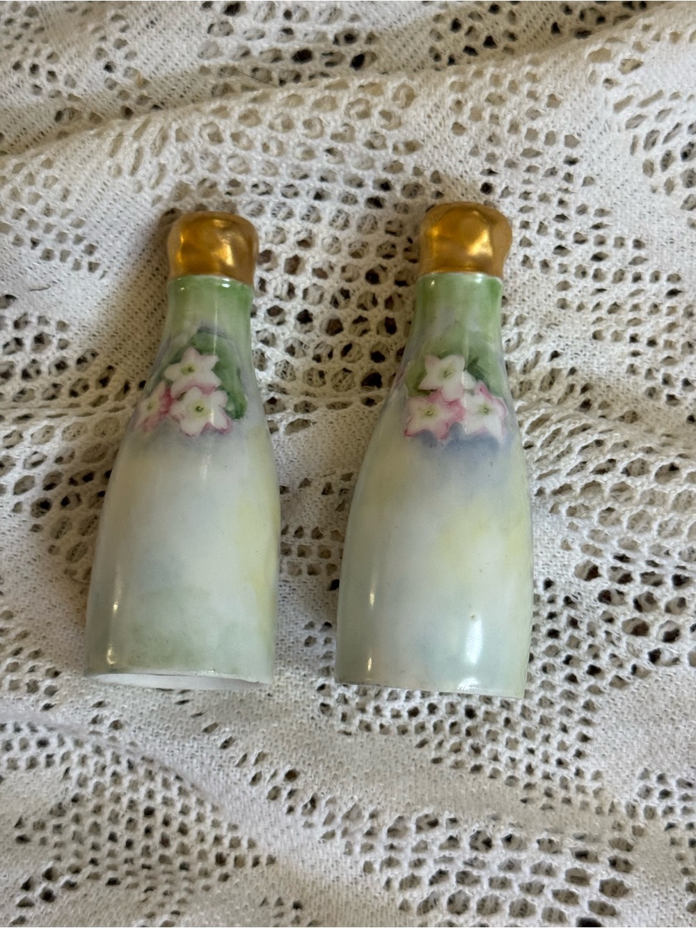 Vintage Green, Cream and Pink Floral Porcelain Shakers with Gold Tops